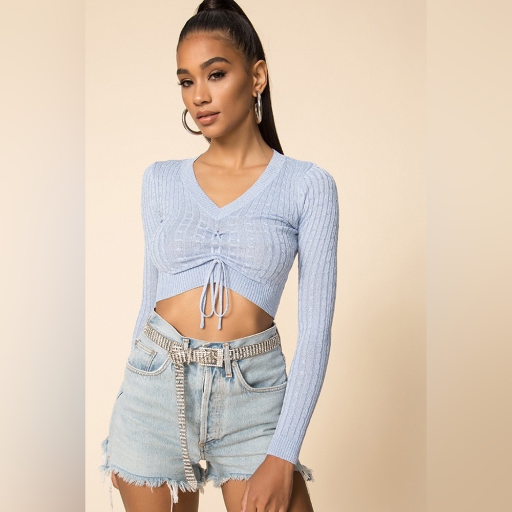 Superdown Karline ruched sweater in dusty blue long sleeve cropped silver